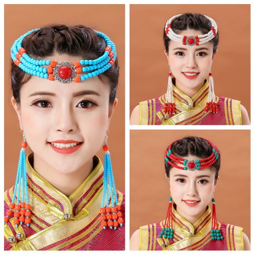 Women's Mongolian Tibetan Dai Dance Performance Handmade Bead Headdress Ethnic Mongolian robe Hair Accessories 